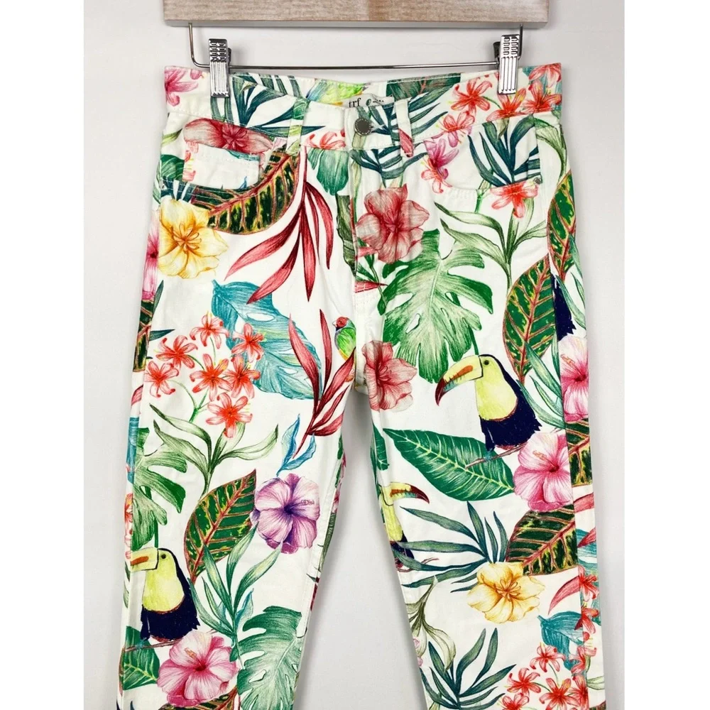 Zara Womens Pants 4 White Tropical Coastal Print Denim Straight Leg Crop Jeans - Picture 5 of 11